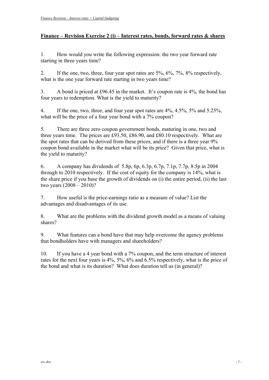 Interest rates cap budgeting (Ex 2) (câu hỏi về lãi suất, trái phiếu, tỷ giá kỳ hạn, cổ phiếu)