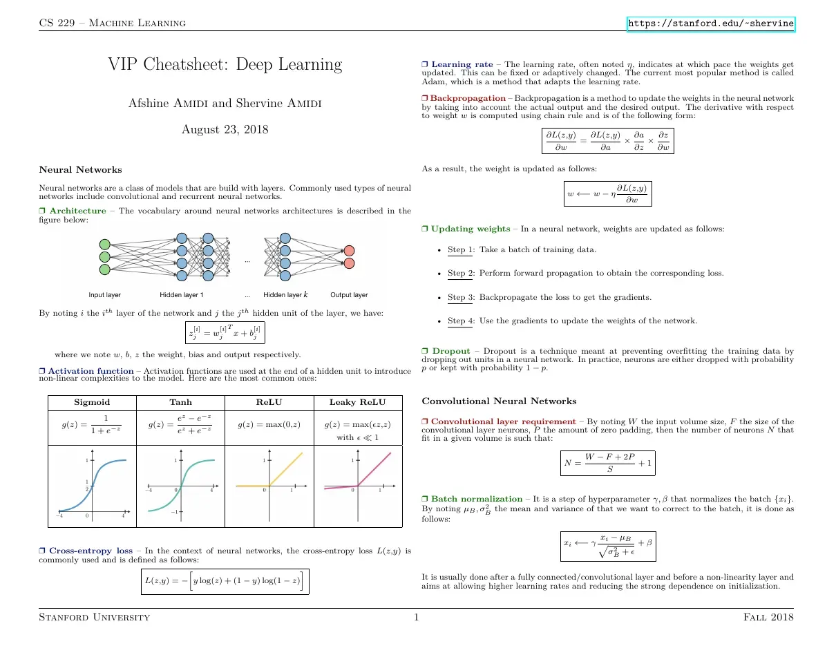 Cheatsheet Deep Learning (Khái niệm chính về học sâu) - Afshine Amidi and Shervine Amidi