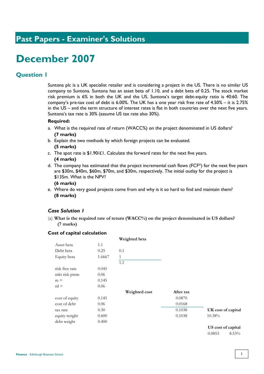Finace exam (Đề thi môn Finance T12.2007) (Có đáp án)