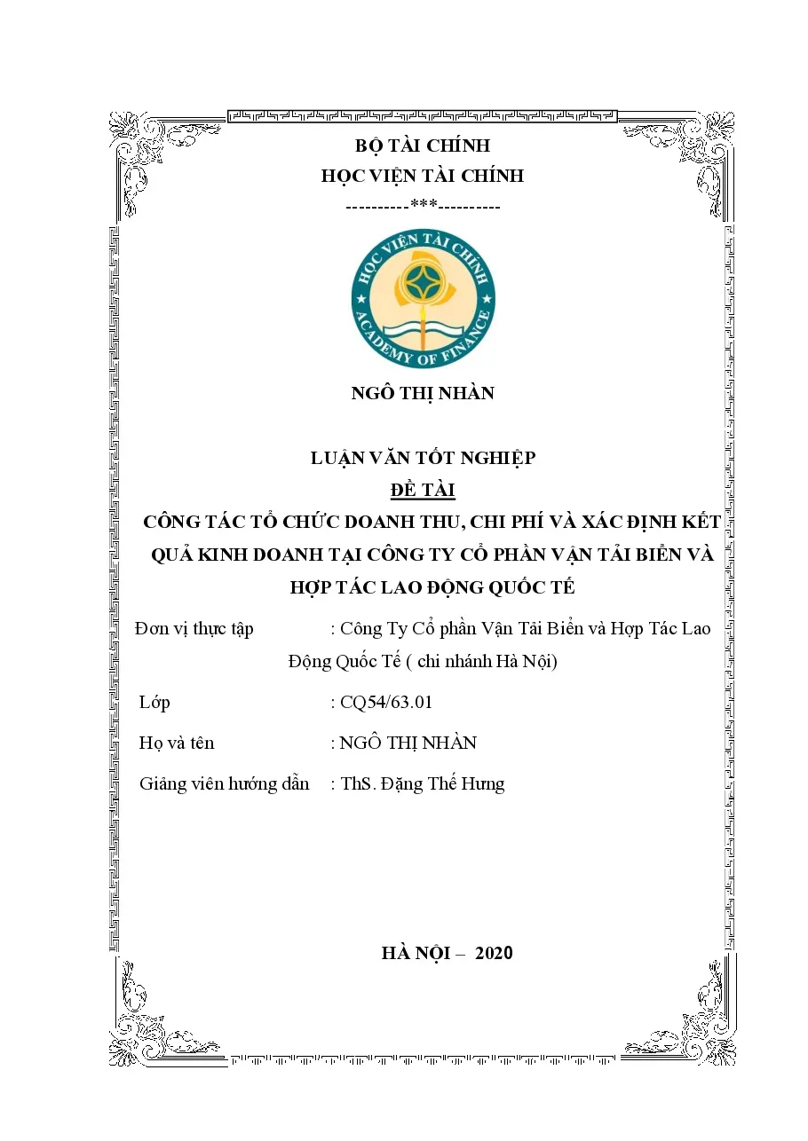 [Luận văn] Công tác tổ chức Doanh thu, Chi phí và Xác định kết quả kinh doanh tại CTCP Vận tải biển và Hợp tác lao động quốc tế - TG.Ngô Thị Nhàn