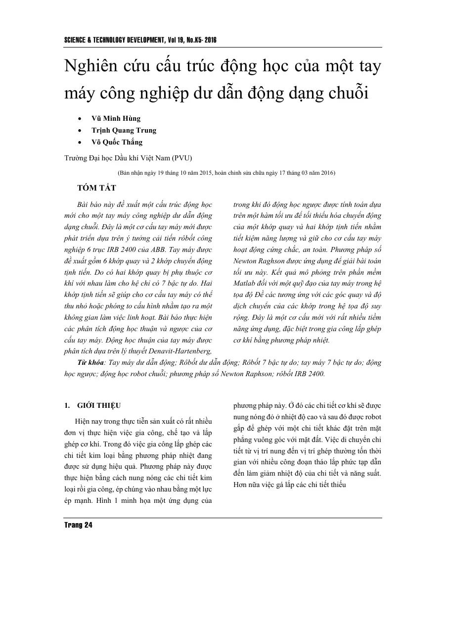 Nghiên cứu cấu trúc động học của một tay máy công nghiệp dư dẫn động - Vũ Minh Hùng, Trịnh Quang