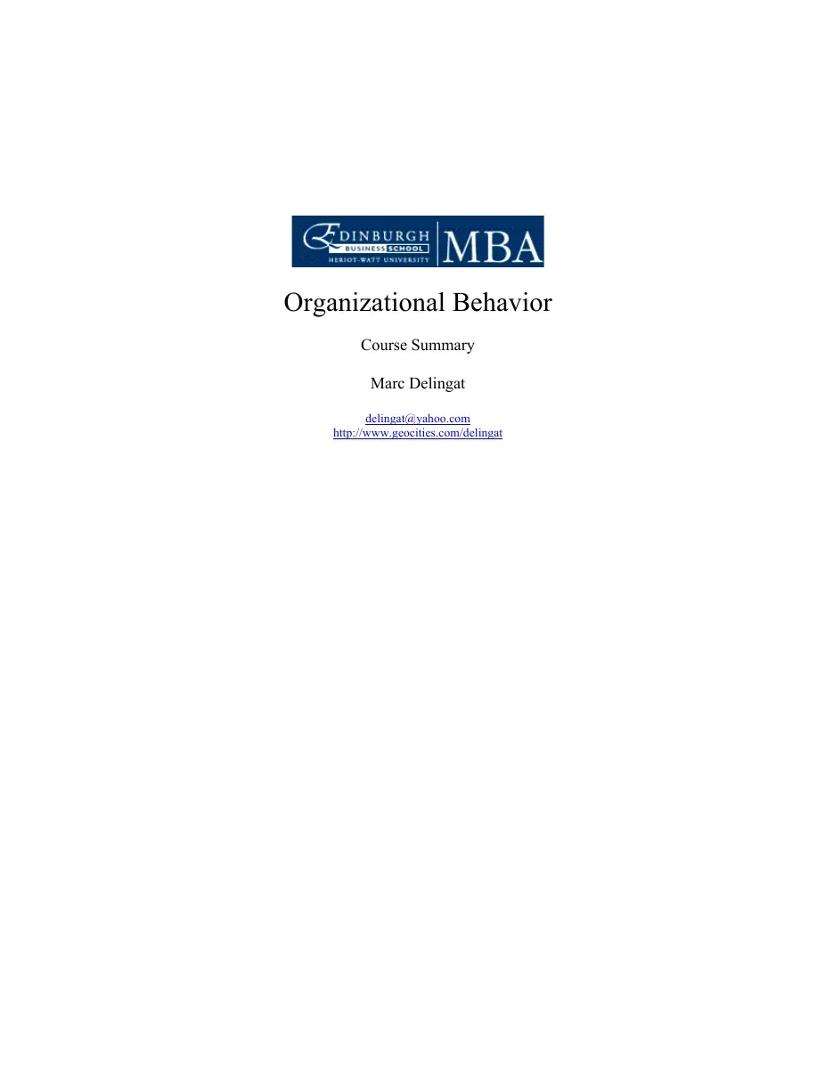 Organizational Behavior Course (Summary 2 of 2) (Hành vi Tổ chức) - Marc Delingat
