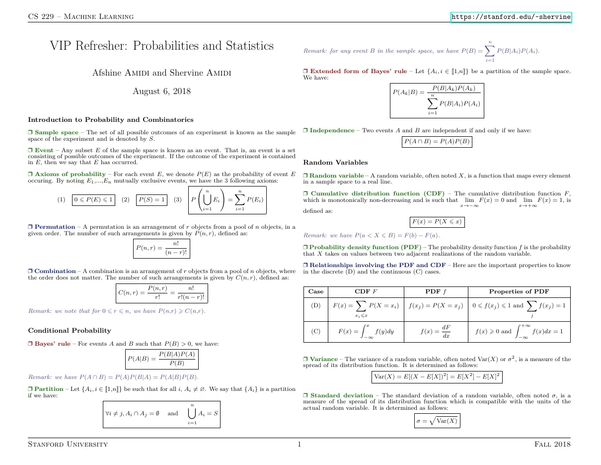Refresher probabilities statistics (Xác suất và thống kê cho Machine Learning) - Afshine Amidi and Shervine Amidi