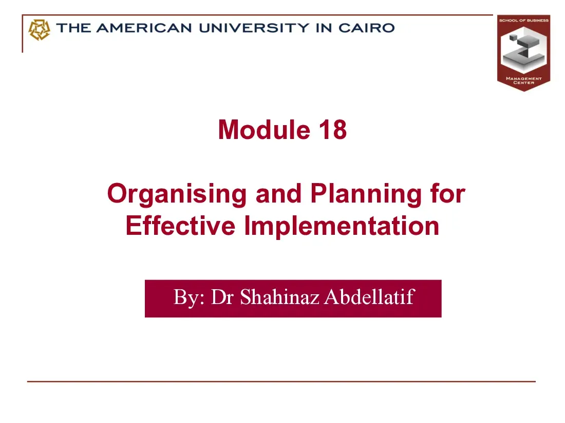 Organising and Planning for Effective Implementation (Module 18) (Tổ chức và lập kế hoạch triển khai chiến lược marketing) - Dr Shahinaz Abdellatif