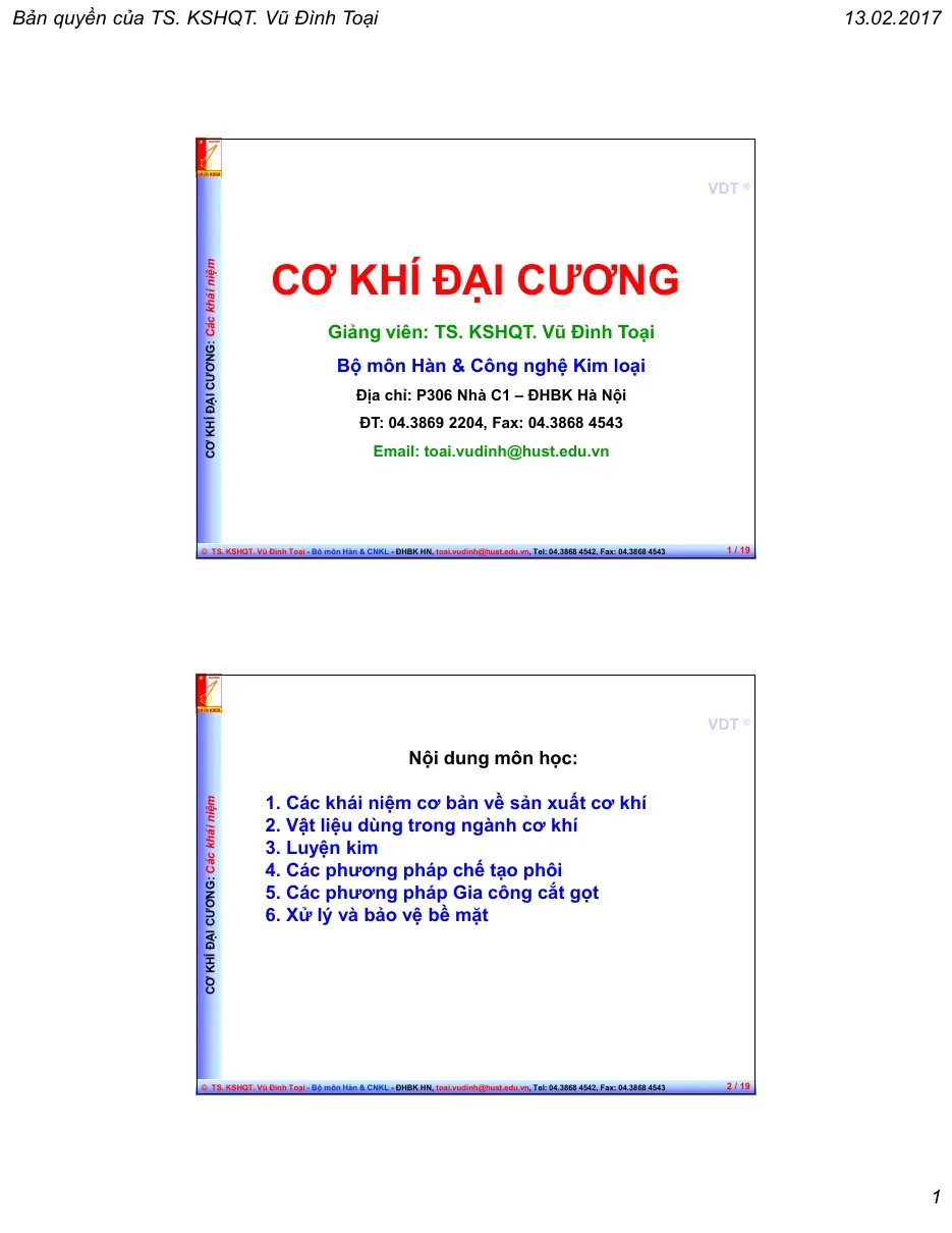 Các khái niệm trong Cơ khí đại cương - TS. KSHQT. Vũ Đình Toại
