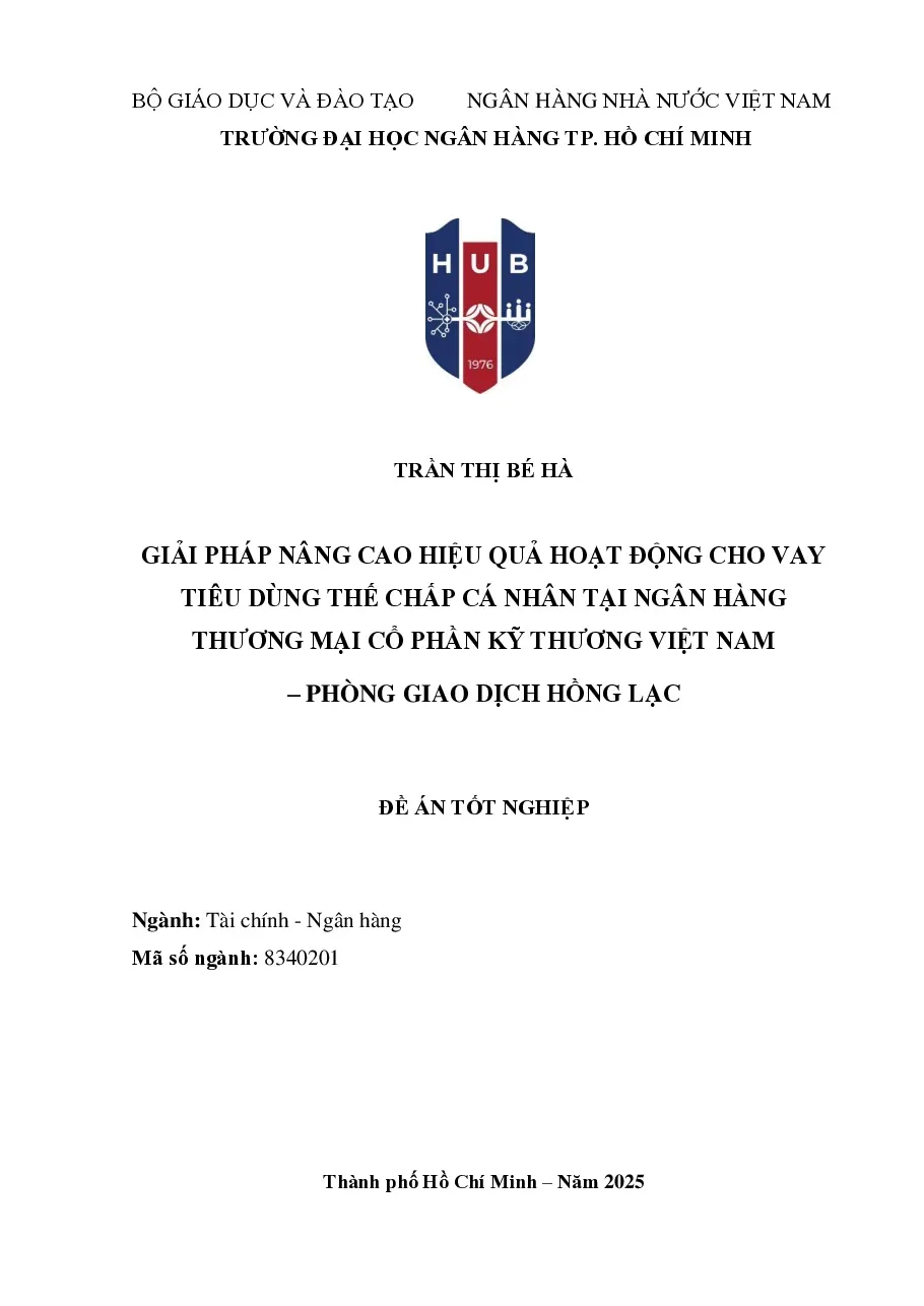 [Đề án] Giải pháp nâng cao hiệu quả hoạt động cho vay tiêu dùng thế chấp cá nhân tại Ngân hàng TMCP Kỹ Thương VN (TCB) – PGD Hồng Lạc - TG.Trần Thị Bé Hà