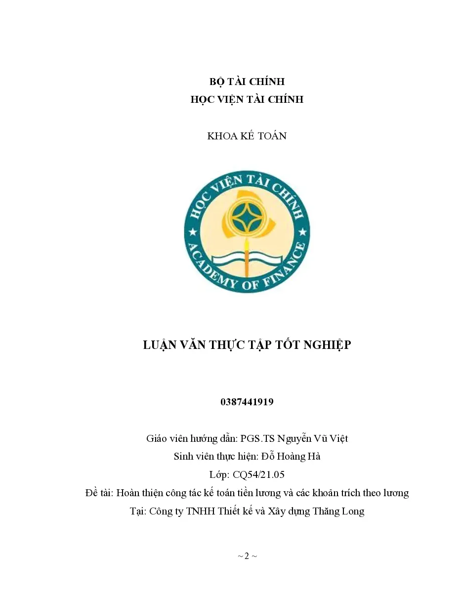 [Khóa luận] Hoàn thiện công tác kế toán tiền lương và các khoản trích theo lương - TG.Đỗ Hoàng Hà