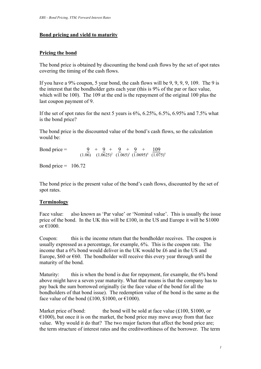 Bond pricing, yield to maturity forward interest rates (Module 1) (Định giá trái phiếu, lợi suất đáo hạn và lãi suất kỳ hạn)