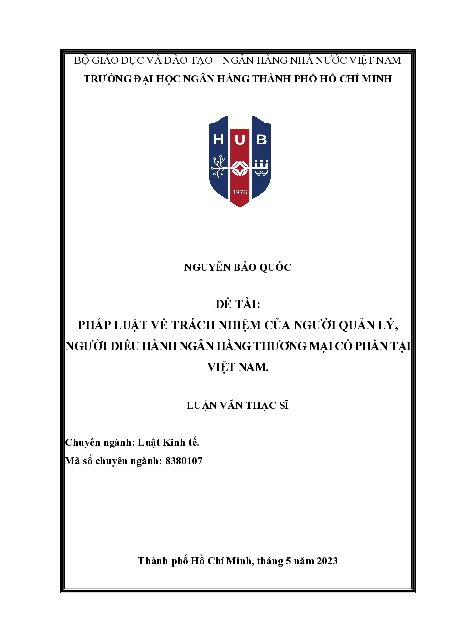 [LV thạc sĩ] Pháp Luật Về Trách Nhiệm Của Người Quản Lý, Người Điều Hành Vietcombank. - TG.Nguyễn Bảo Quốc