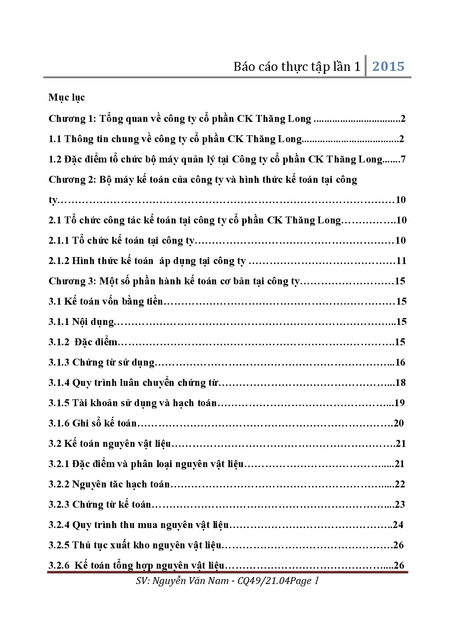 [Báo cáo] Báo cáo thực tập các phần hành kế toán tại Công ty cổ phần CK Thăng Long - TG.Nguyễn Văn Nam