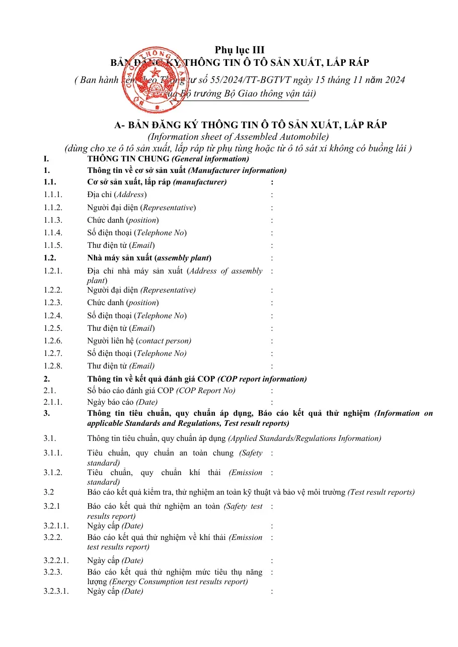 Bản Đăng Ký Thông Tin Ô Tô Sản Xuất, Lắp Ráp (Phụ lục III)