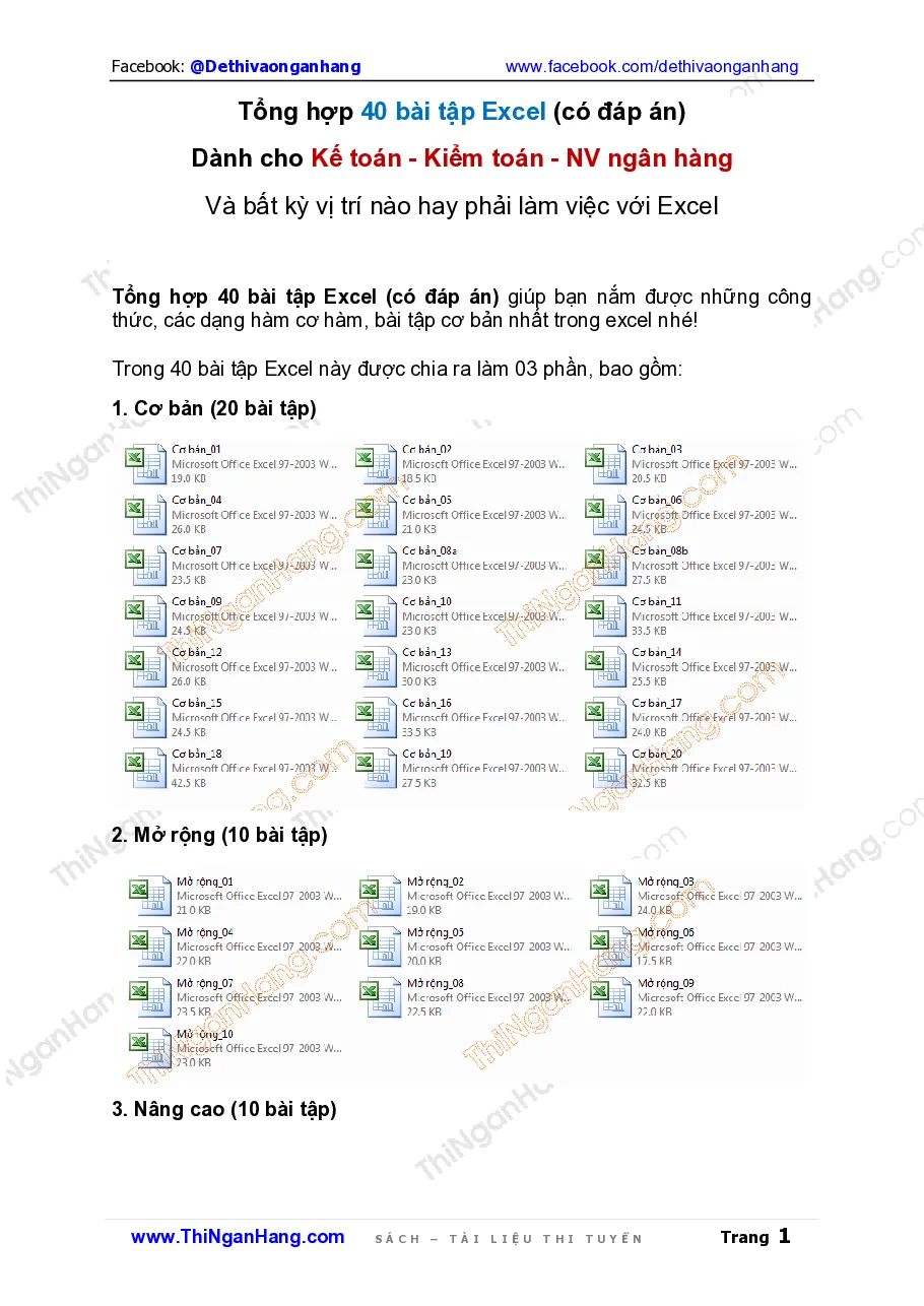 Tổng hợp 40 bài tập Excel dành cho Kế toán Kiểm toán NV ngân hàng (có đáp án)