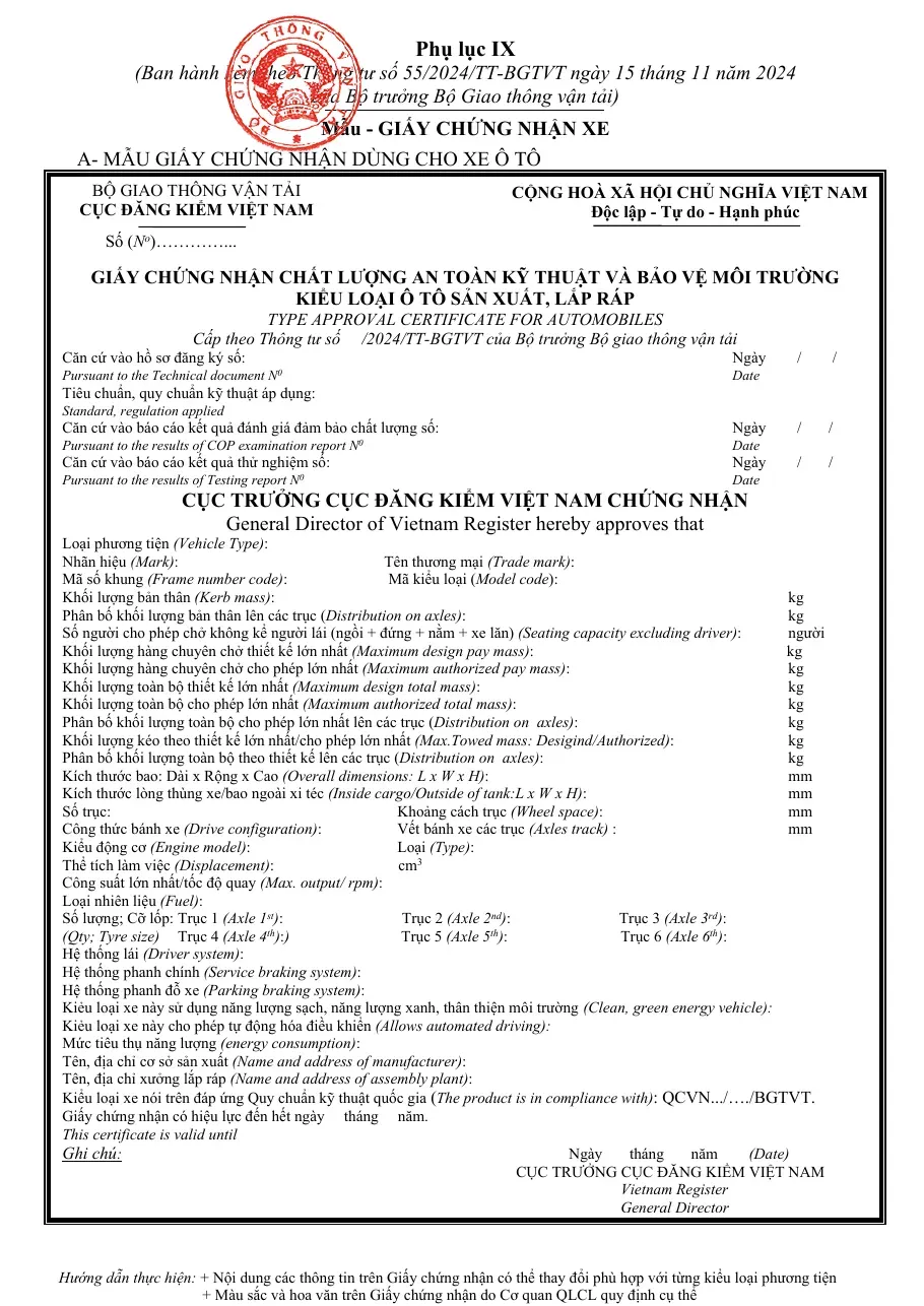Phụ lục IX Mẫu Giấy Chứng Nhận Xe