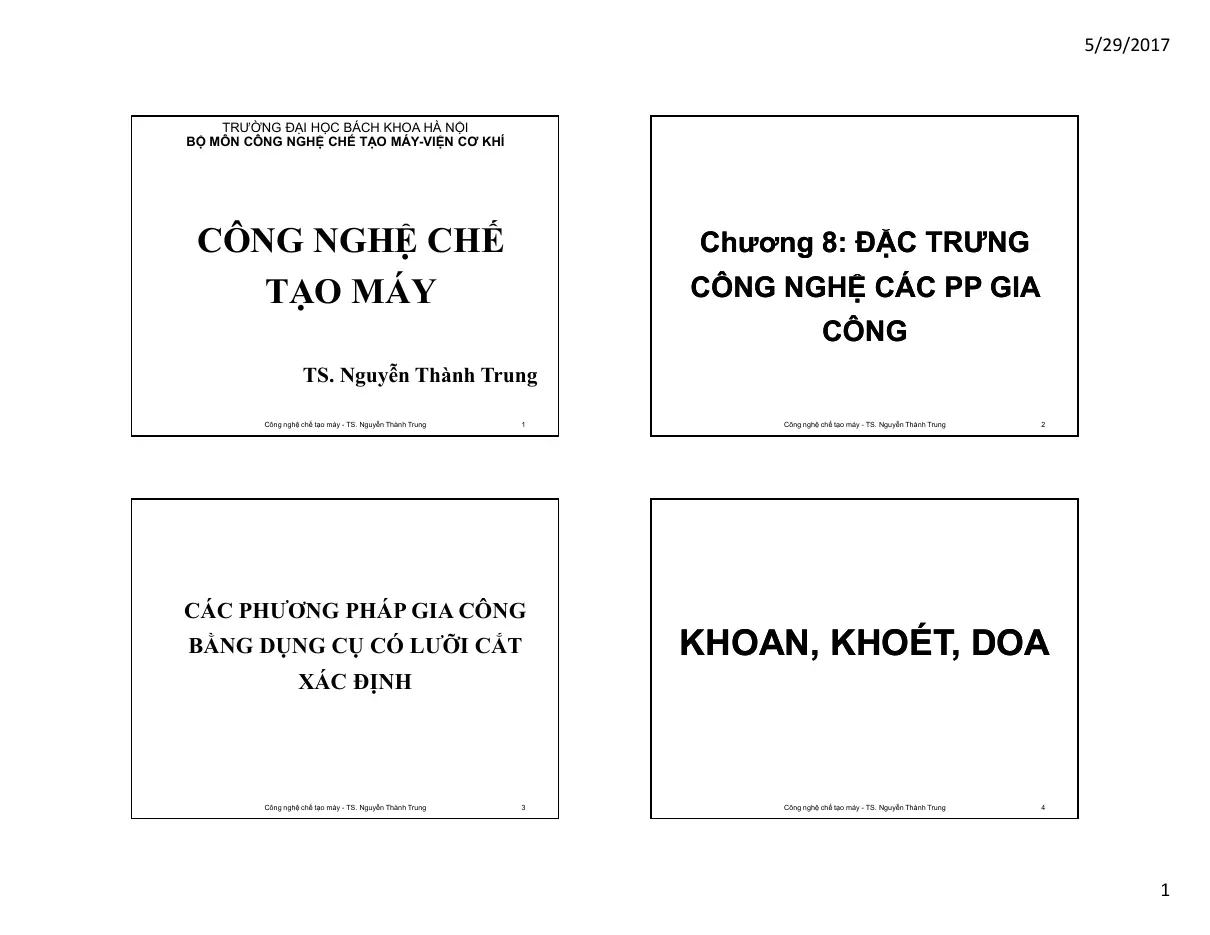 Khoan, khoét, doa (Chương 8) - Đặc trưng công nghệ các PP gia công - TS. Nguyễn Thành Trung