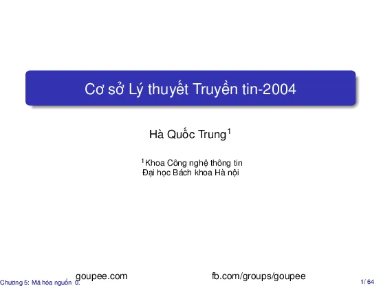 Cơ sở lý thuyết truyền tin - Chương 5. Mã hóa nguồn (HUST) GV. Hà Quốc Trung