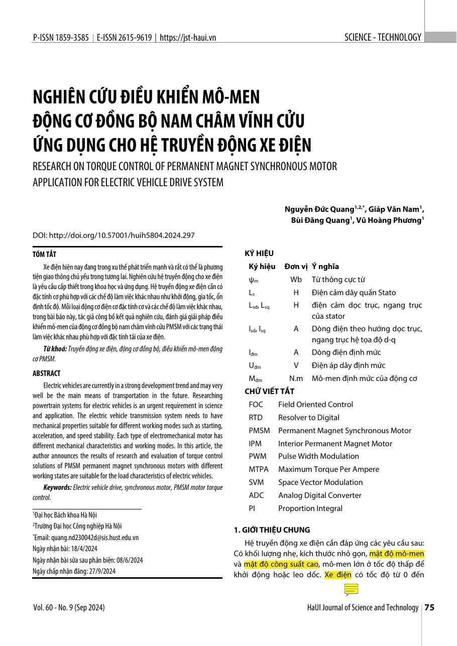Nghiên cứu điều khiển mô-men động cơ đồng bộ nam châm vĩnh cửu ứng - Nguyễn Đức Quang