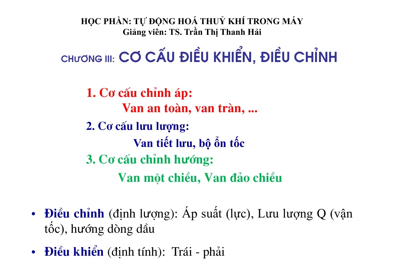 Chương III: Cơ cấu điều khiển, điều chỉnh (Chương III) - Trần Thị Thanh Hải