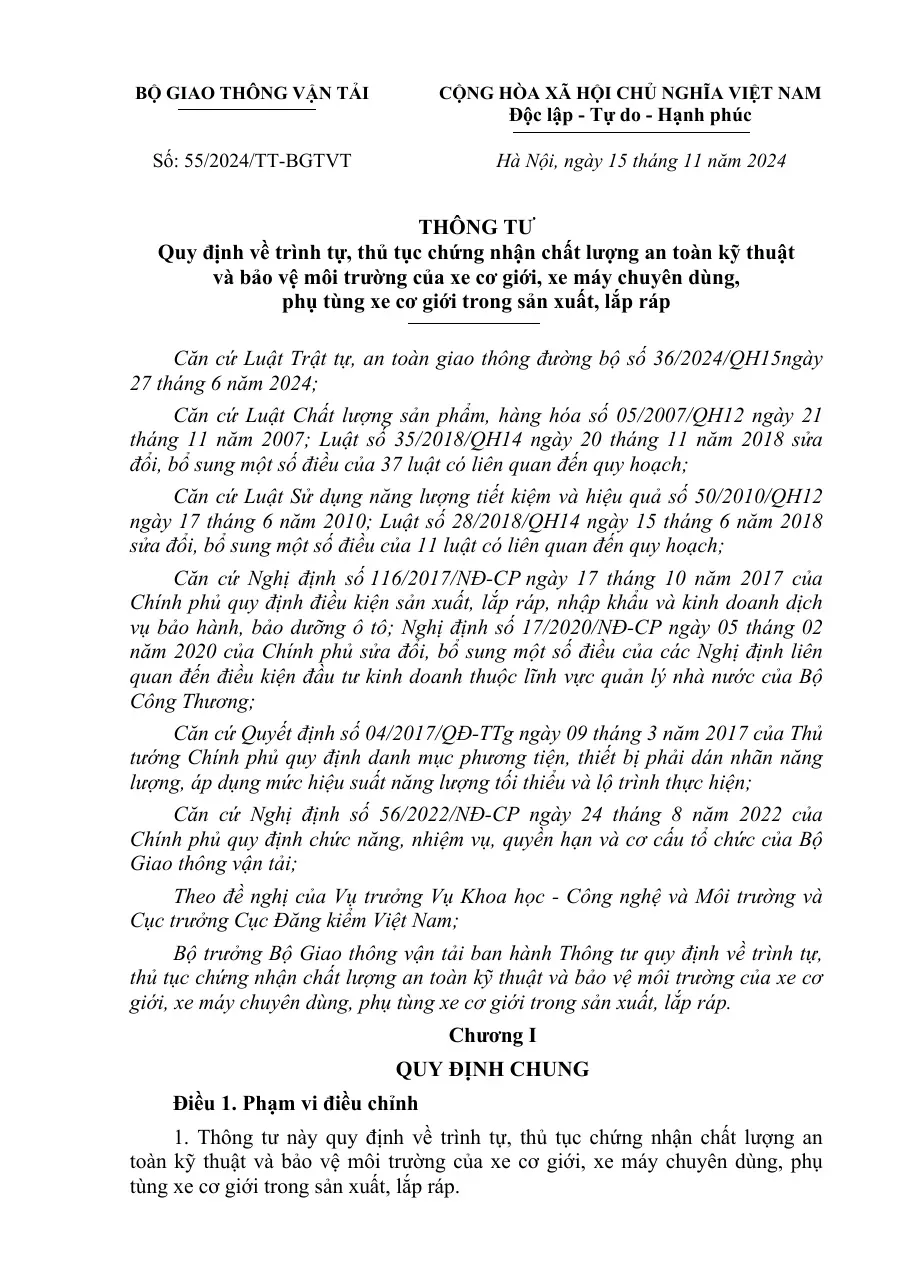 Thông tư quy định về trình tự, thủ tục chứng nhận chất lượng an toàn (Chương I) - Bộ trưởng Bộ Giao thông
