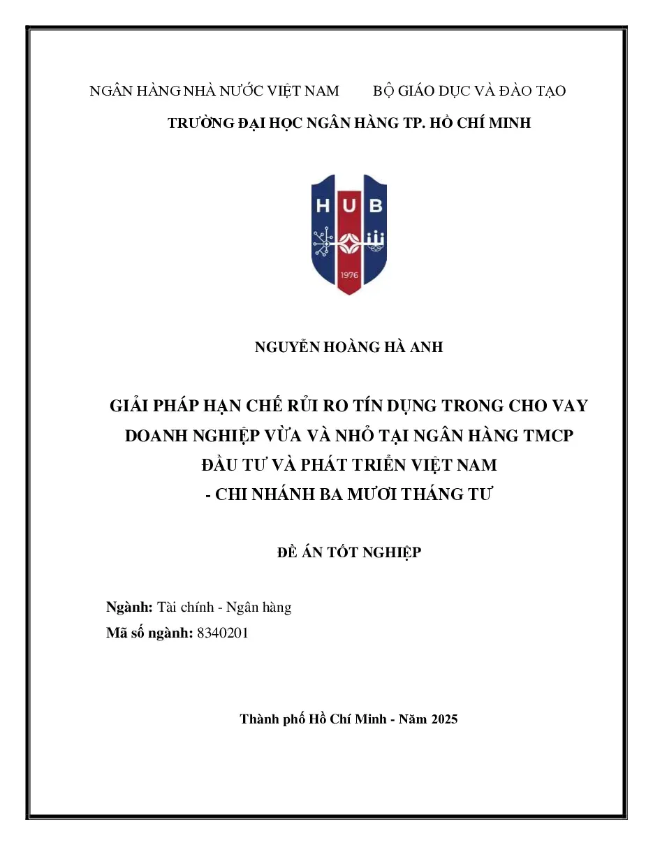 [Đồ án] Giải pháp hạn chế rủi ro tín dụng trong cho vay doanh nghiệp vừa và nhỏ tại Ngân hàng TMCP Đầu tư và Phát triển Việt Nam - Chi nhánh Ba Mươi Tháng Tư - TG.NGUYỄN HOÀNG HÀ ANH