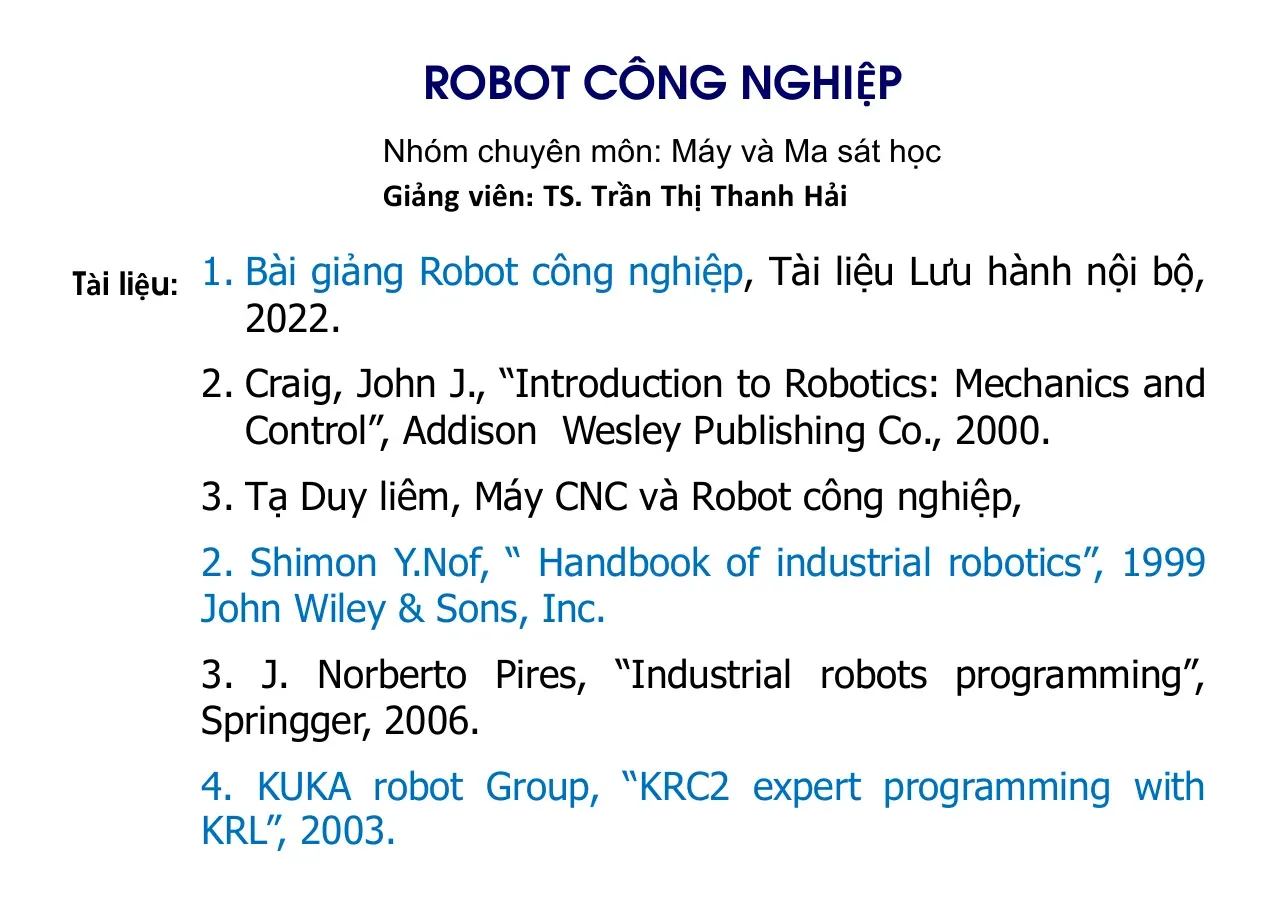Bài giảng Robot công nghiệp - TS.Trần Thị Thanh Hải