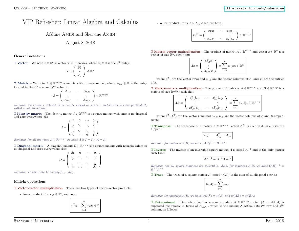 Refresher algebra calculus (Đại số tuyến tính và Giải tích phục vụ Machine learning) - Afshine Amidi and Shervine Amidi