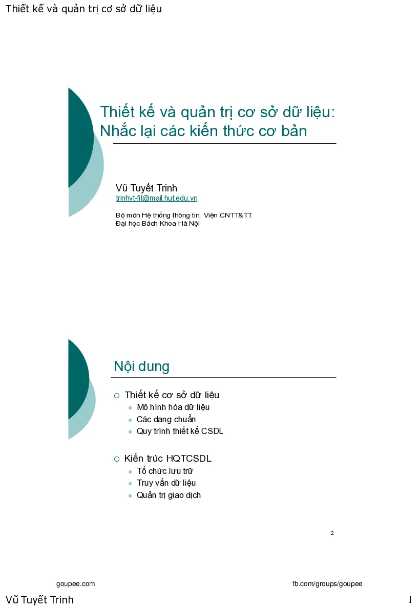 Thiết kế quản trị Cơ sở dữ liệu - Notes 1 (HUST) GV. Vũ Tuyết Trinh