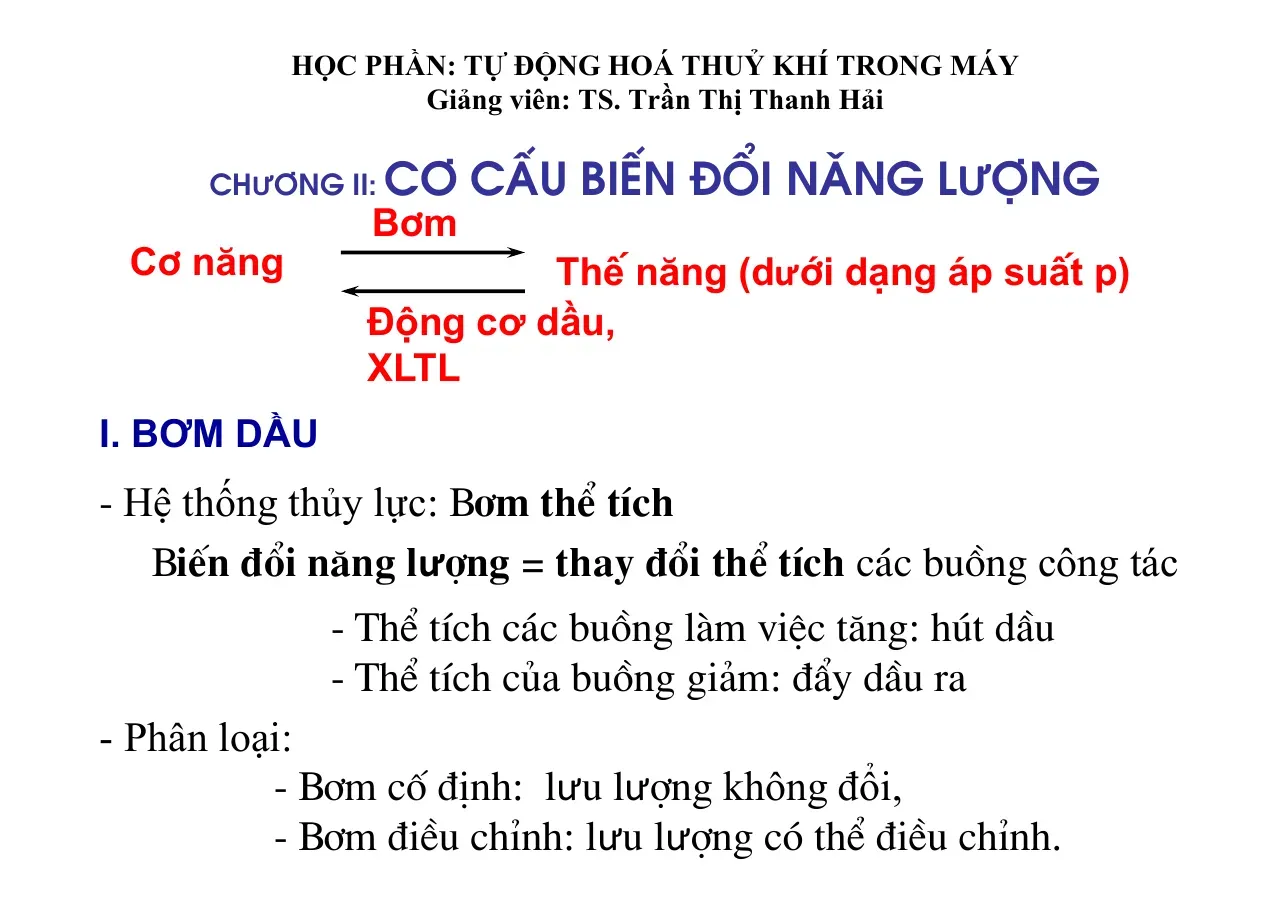 Tự động hoá thuỷ khí trong máy (Chương II) - Trần Thị Thanh Hải