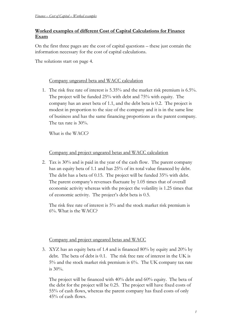 Cost of Capital (Các ví dụ về tính Chi phí vốn) (Có đáp án)